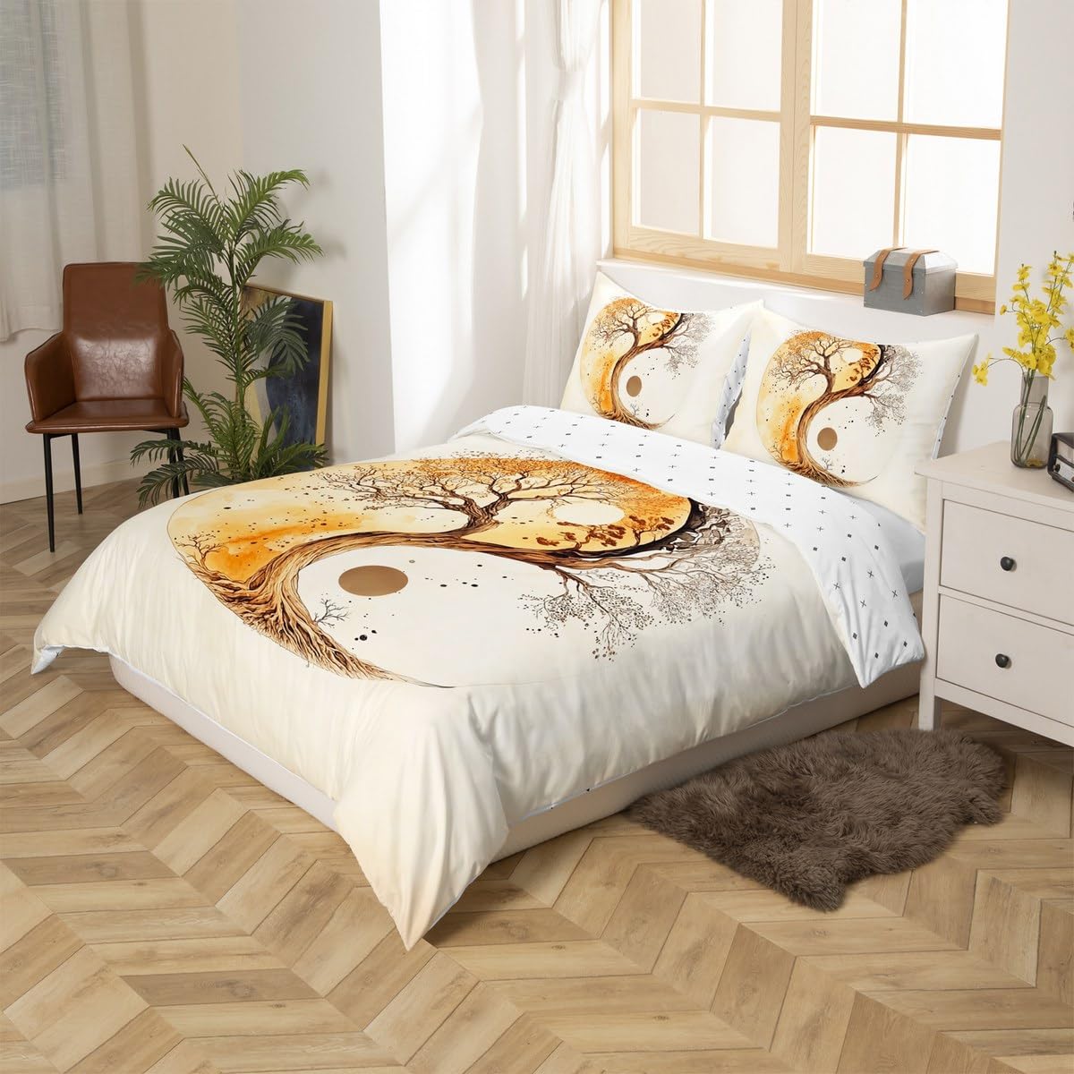 Yin Yang Tai Chi Bedding Sets Queen Size,Bohemian Tree Duvet Cover Set for Kids Boys Girls Teen Adult Room Decor,Oriental Comforter Cover Life Traditional Reversible Print Quilt Cover,2 Pillowcases