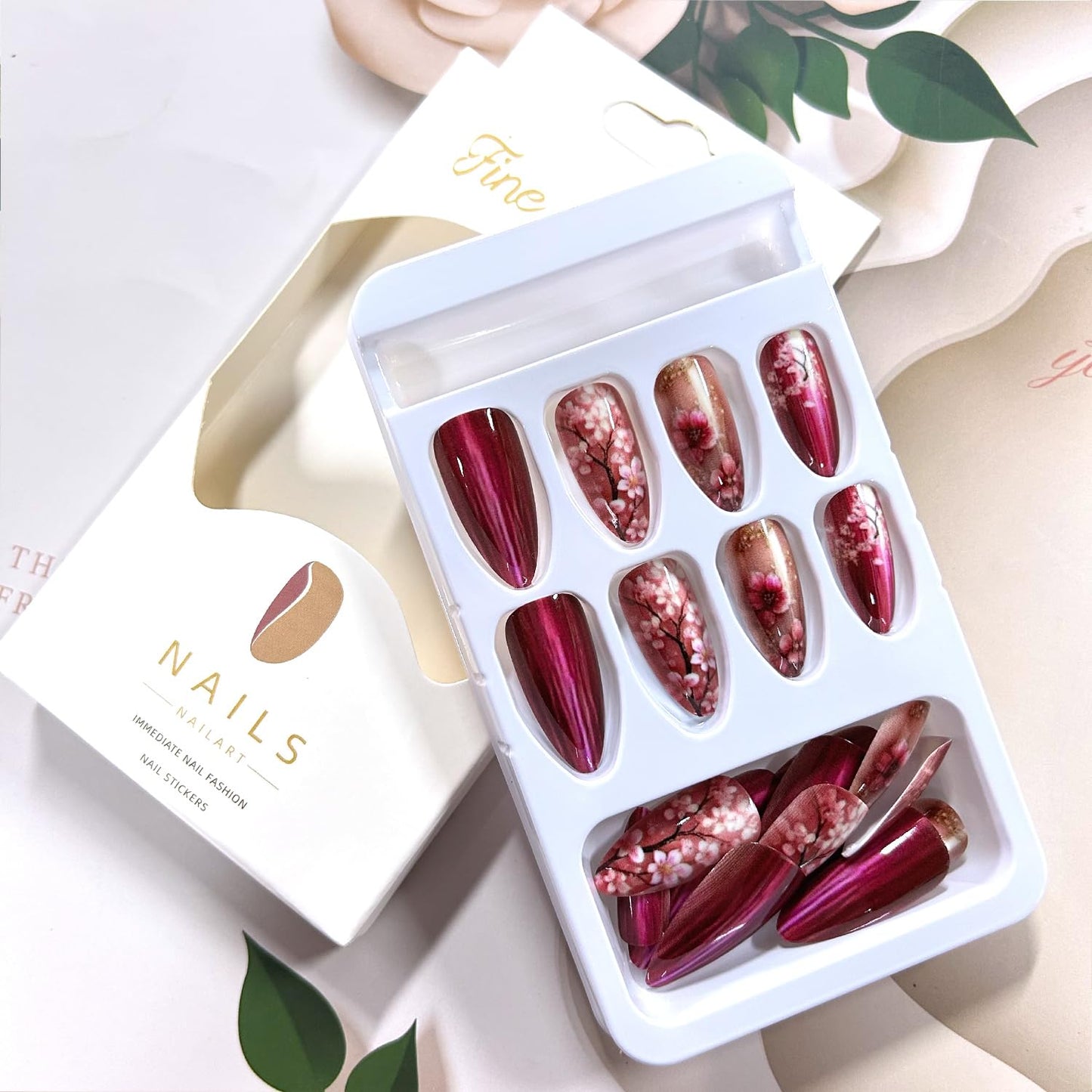 Rose Red Press on Nails Medium Length Almnd Shaped Pink Peach Blossom Pattern Design Artificial Acrylic False Nail Full Cover Glossy Floral Stick on Nail Press Ons Glue on Nails for Women 24Pcs