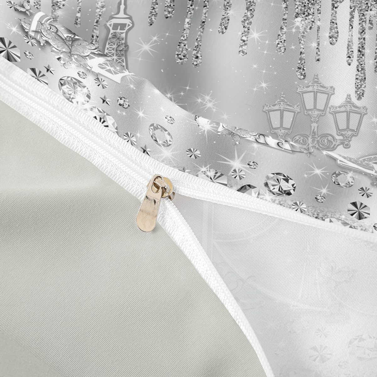 Paris Duvet Cover Set King Size Sliver Glitter Diamond Bedding Set 3pcs for Kids Girls Boys Women Room Decor,Romantic Eiffel Tower Comforter Cover Luxury Pearls and Jewels Quilt Cover,2 Pillowcases