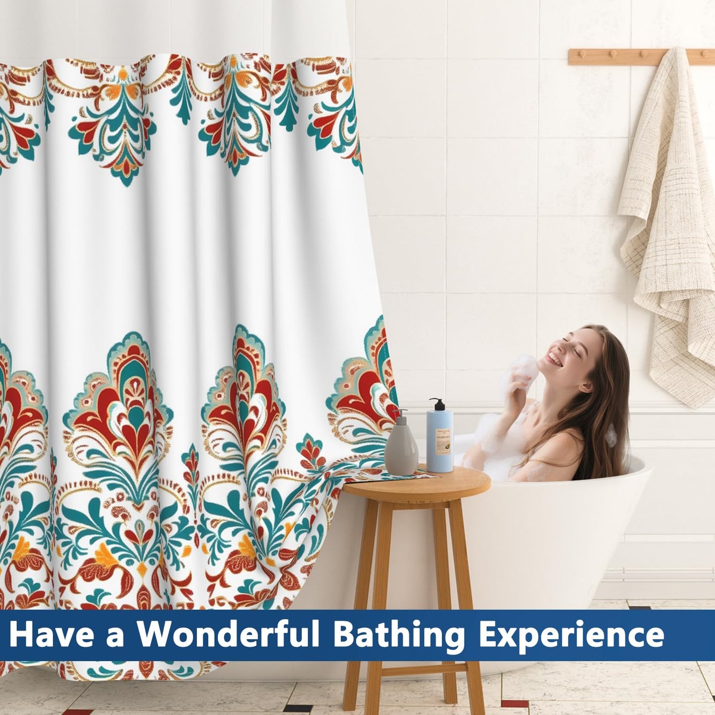 Boho Paisley Damask Shower Curtain with Snap in Liner, Vintage Bohemian Red Floral Exotic Bathroom Curtains, Double Layers Waterproof Fabric No Hook Shower Curtain and Weighted Hem, 71x74 Inch