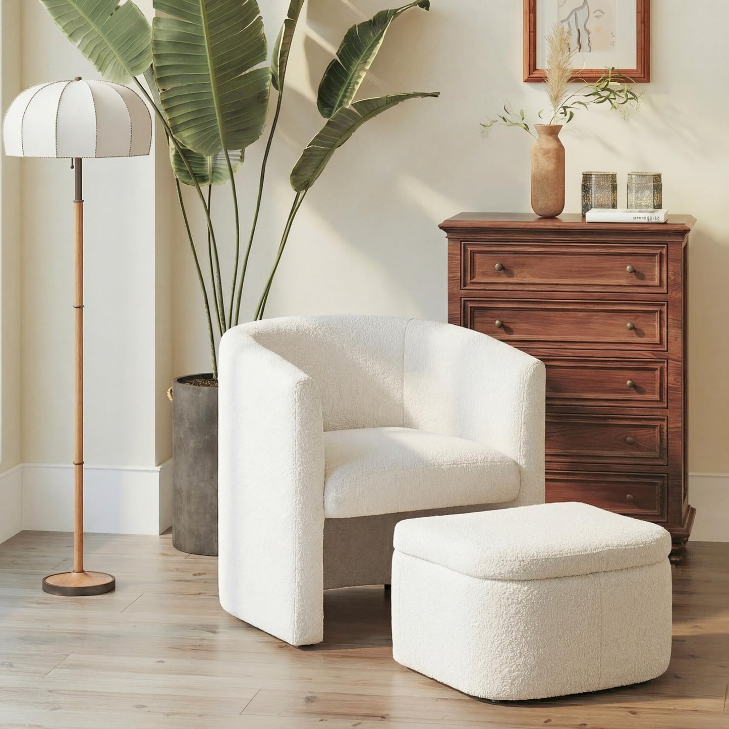 COLAMY Velvet Morden Living Room Chair with Storage Ottoman, Barrel Accent Chair with Lounge Seat for Bedroom/Reading Spaces, Rubberwood, Sponge Foam, Cream
