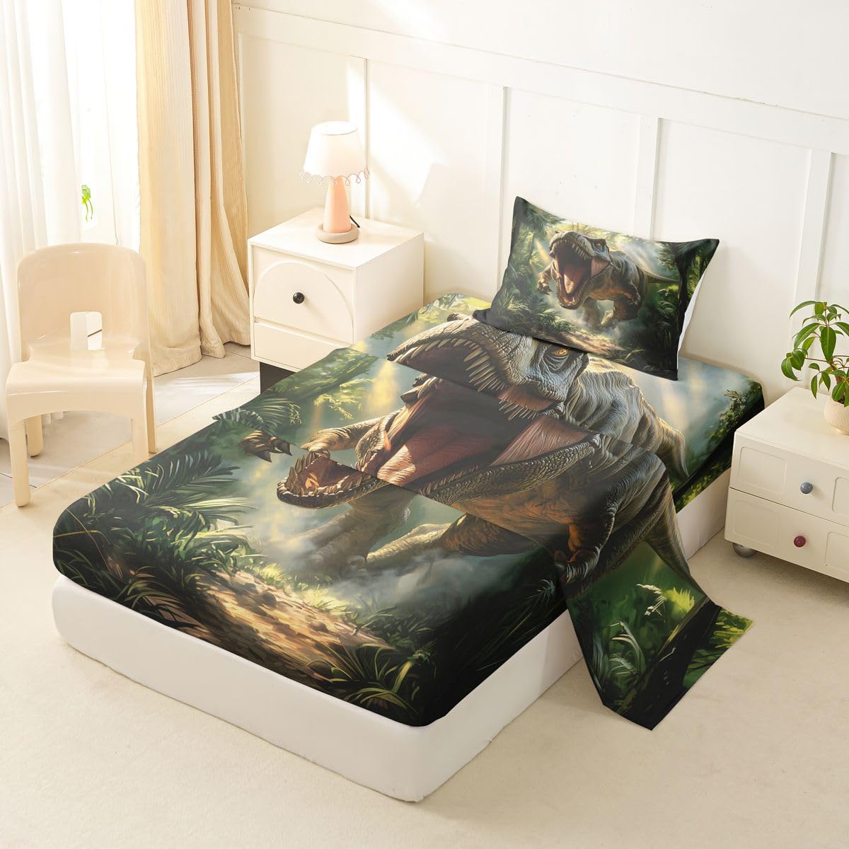 Feelyou Dinosaur Bed Sheets Set Twin Size 3D Digital Print Deep Pocket Fitted Sheet Jungle Dino Bedding Sets Wild Animal Soft Bed Set 3Pcs with 1 Pillow Cases Green Red