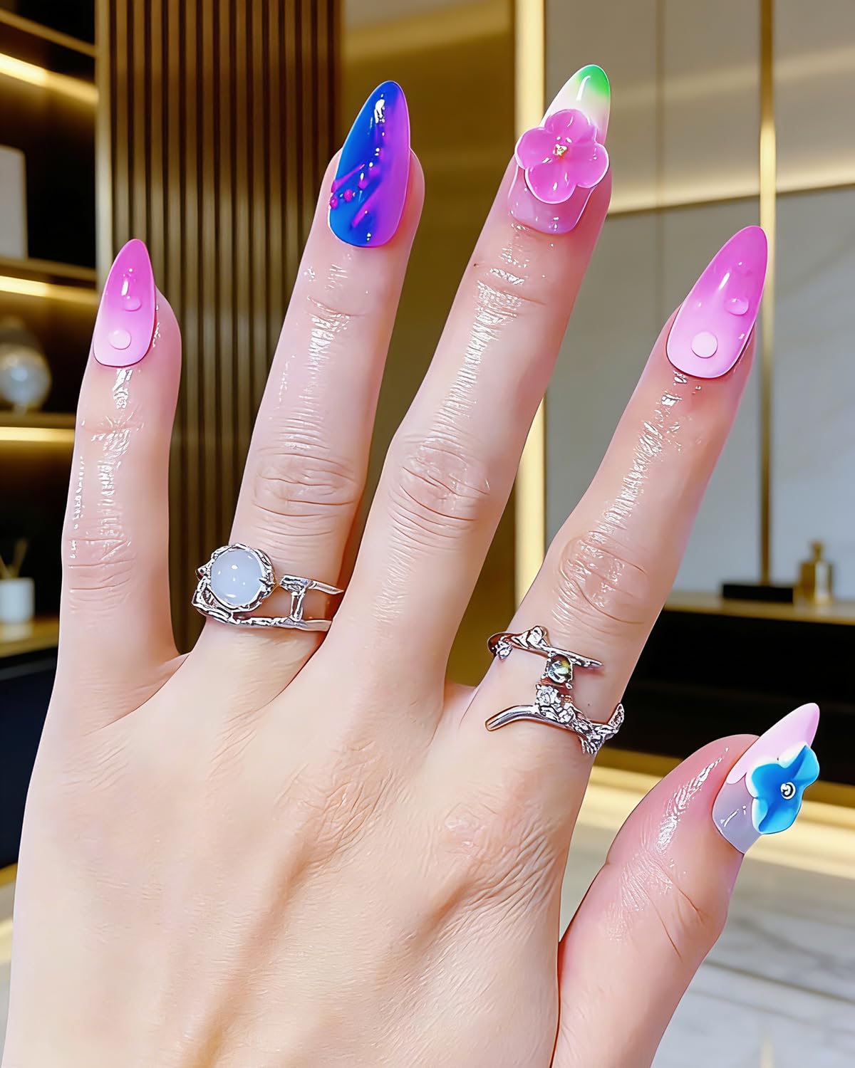 CAMILCY Luxury Handmade Press on Nails Almond Short 3D Floral Glossy Fake Nails Gradient Pink Blue Jelly Glossy Hand painted Reusable Salon Quality Acrylic Nails for Women 10pcs (A147, M)