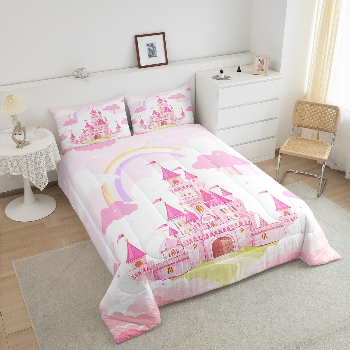 Feelyou Kids Queen Pink Castle Comforter Set Rainbow Castle Bedding Set Girls Princess Comforter Fairy Tales Duvet Set Girls Bed Set 3Pcs