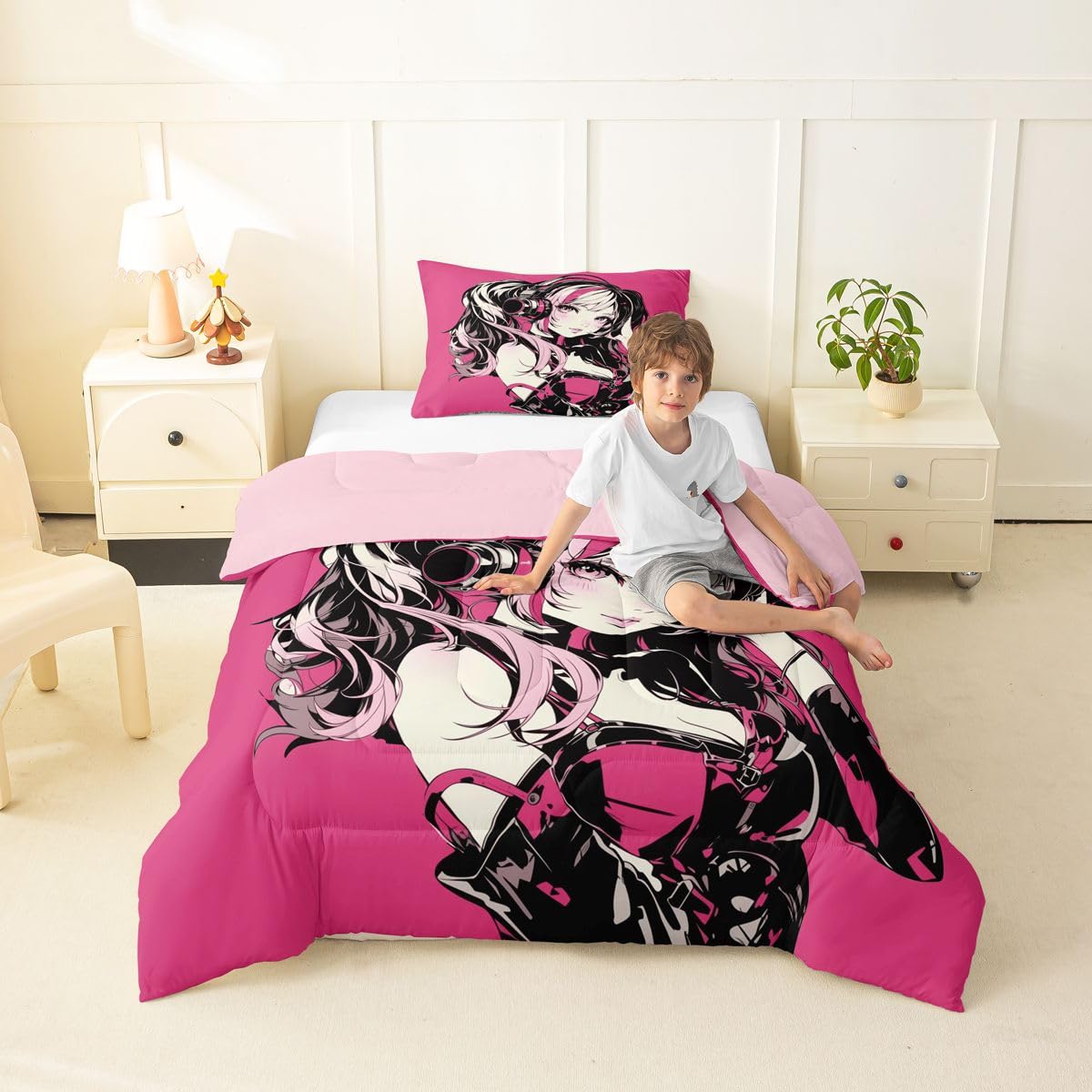 Erosebridal Pink Anime Girls Bedding Cartoon Japanes-Style Comforter Set Twin, Graffiti Street Culture Bed Comforter Set for Kids Teens Youth Watercolor Hippie Style Duvet Set 2Pcs