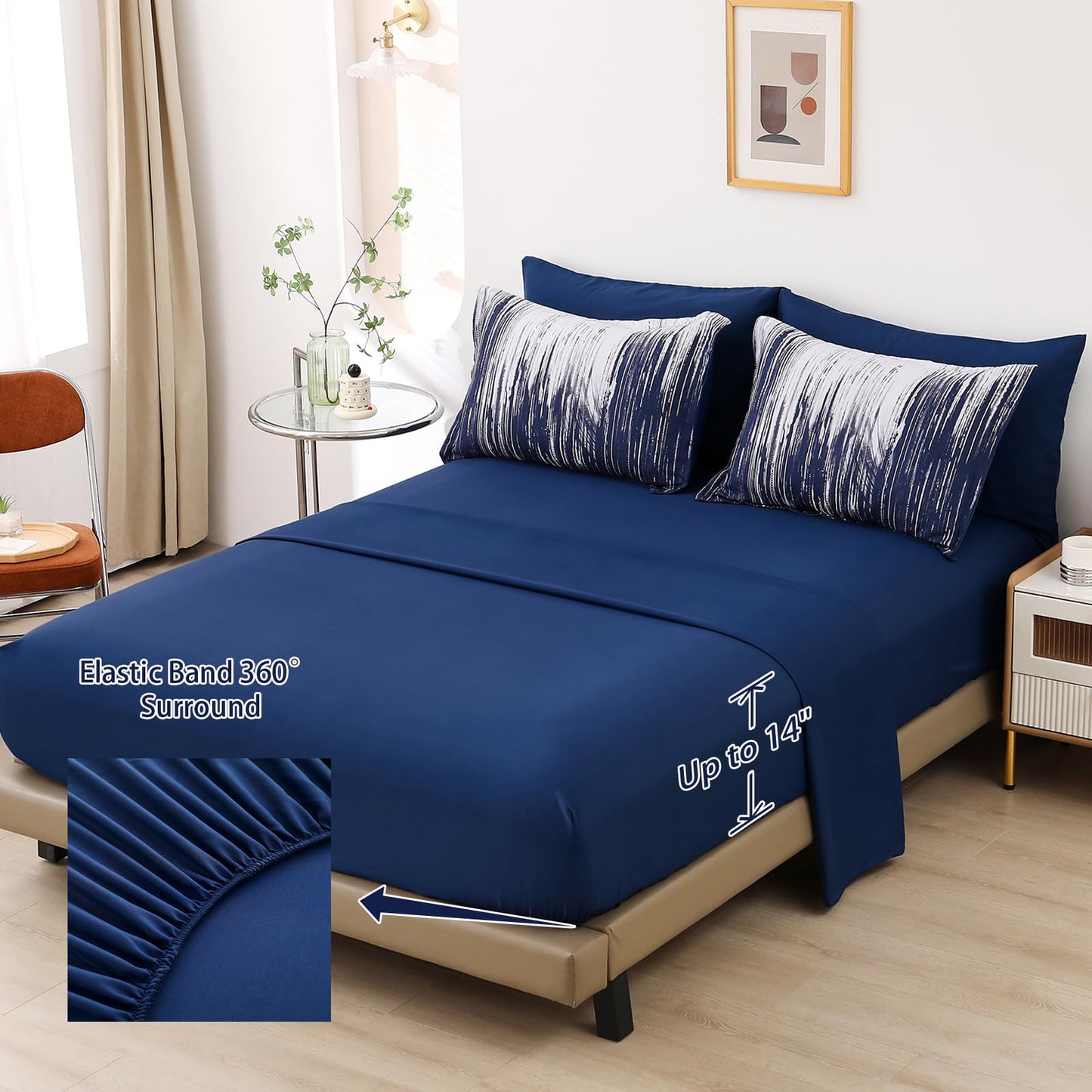 Dinjoy Ombre Blue Comforter Set Queen Size Gradient Navy Blue White Boho Bedding Set for Teen Men Women 7 Pieces Bed in A Bag Bohemian Bed Set with Comforter, Sheets, Pillowcases & Shams
