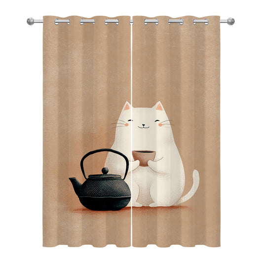Solvivae Cat Curtains Blackout, Room Darkening Thermal Insulated Grommet Drapes for Bedroom Living Room, Cute Cat and Teapot Kitchen Patterned Window Treatments, 96 Inch Curtains 2 Panel Set