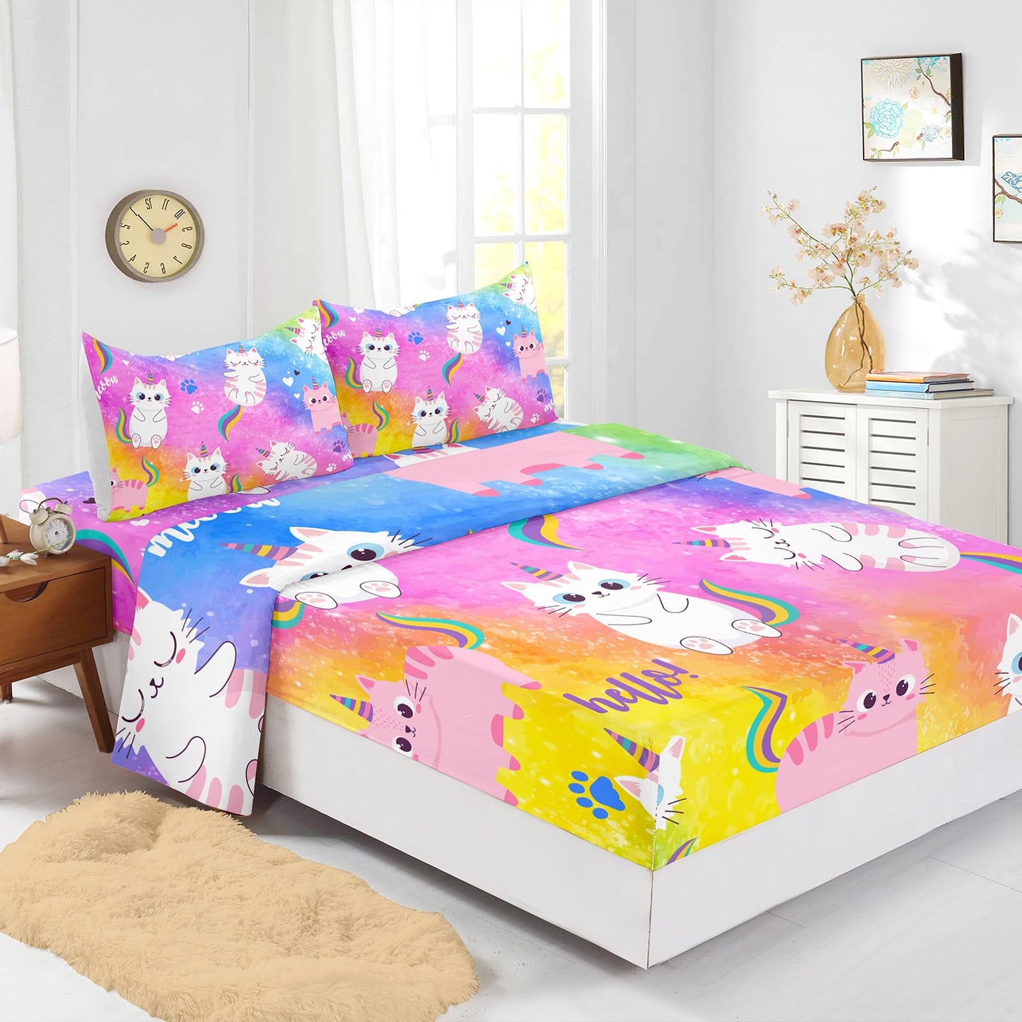 Axolotl Cat Sheet Twin Size,Kawaii Cartoon Cat Sheets Set 4Pcs,Cute Rainbow Flat Sheet,Cute Animal Printed Bed Set with 1 Fitted Sheet 1 Flat Sheet 2 Pillowcases,Pink Blue