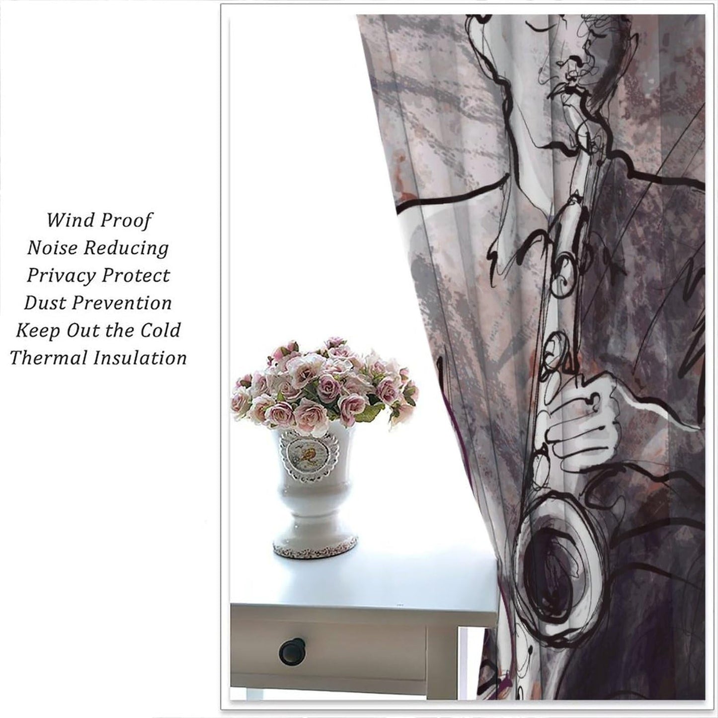 Abstract Black Woman Curtains, Modern Urban Art Hand Drawn Grey Brown Line Graffiti Musician Dancer Window Treatments, Blackout Rod Pocket Drapes For Living Room Bedroom Bathroom (21x45in)x2 Panels