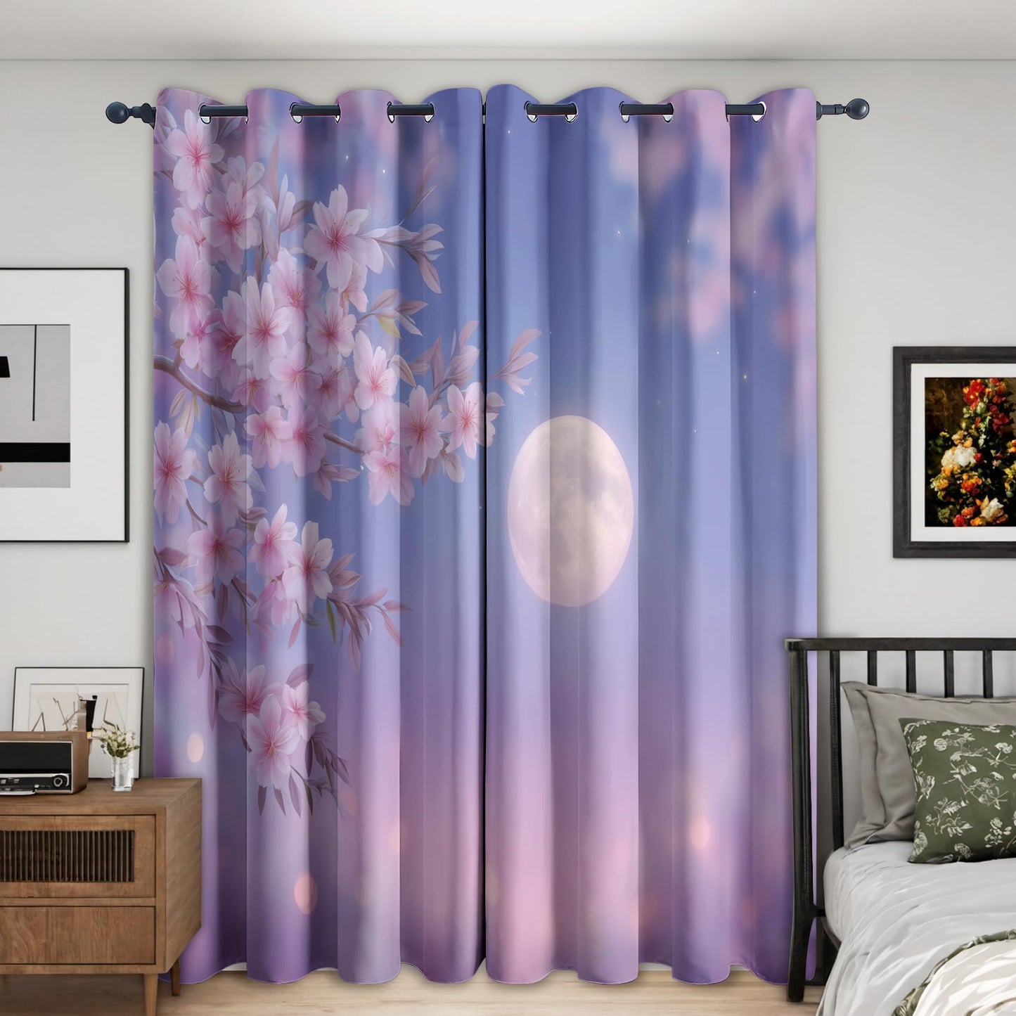Cherry Blossom Curtains for Kitchen, Romantic Pink Floral Moon 39 Inch Blackout Curtains 2 Panels, Cherry Blossom Room Decor, Thermal Darkening Bedroom Window Drapes 27.5x39, Grommets G/640