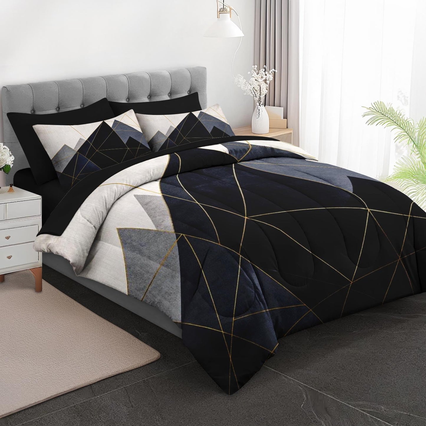 Boewywh Comforter Set Twin Size Mountain Geometric Abstract 7 Pcs, Bedding for Kids and Adults, Modern Gold Bed Sheet Sets with Fitted Sheet 2 Pillowcases & 2 Shams for Bedroom Bed Decor