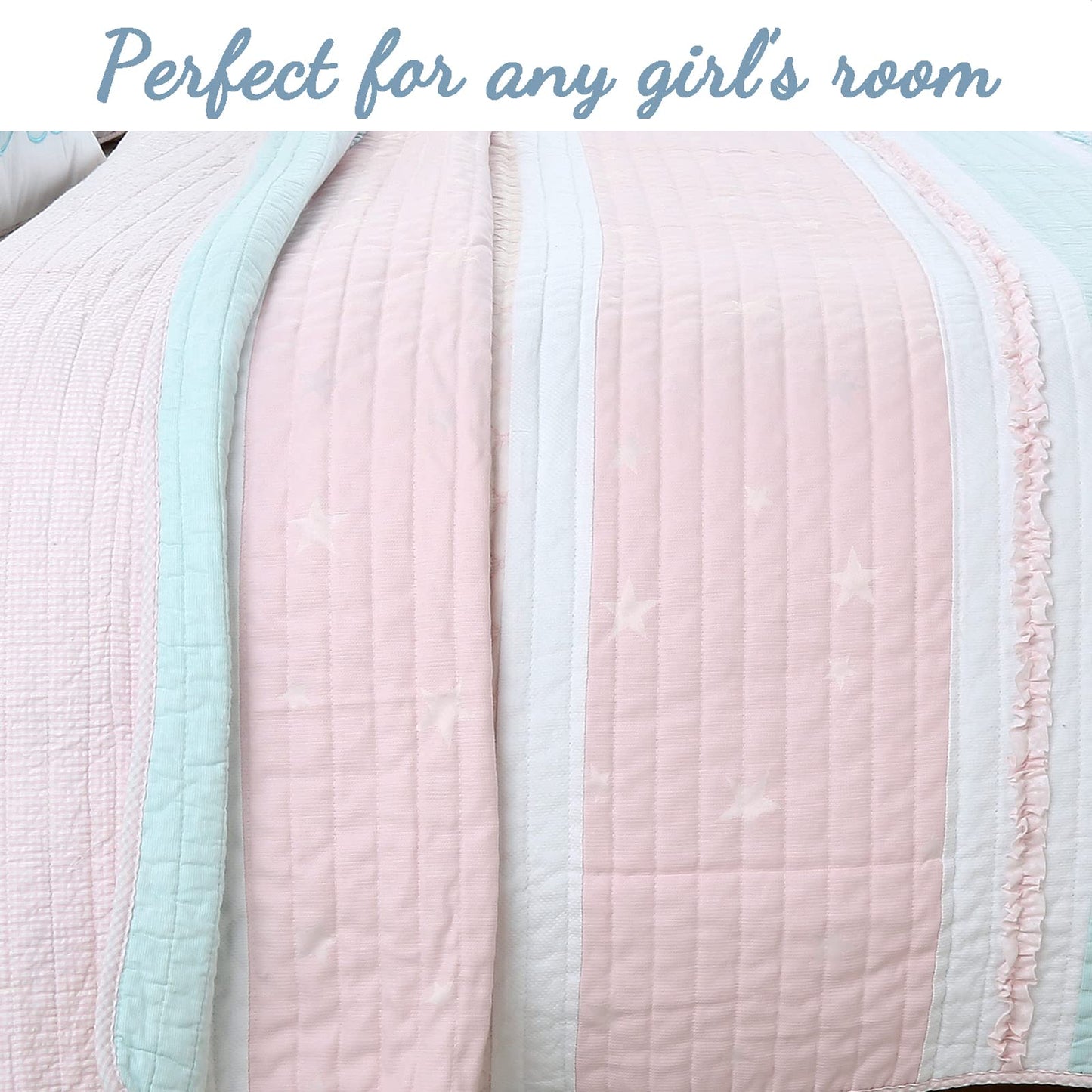 Cozy Line Home Fashions Light Pink Blue Ruffles Girl 100% Cotton Reversible Quilt Bedding Set, Coverlet, Bedspread (Candy, Twin - 2 Piece: 1 Quilt + 1 Sham)