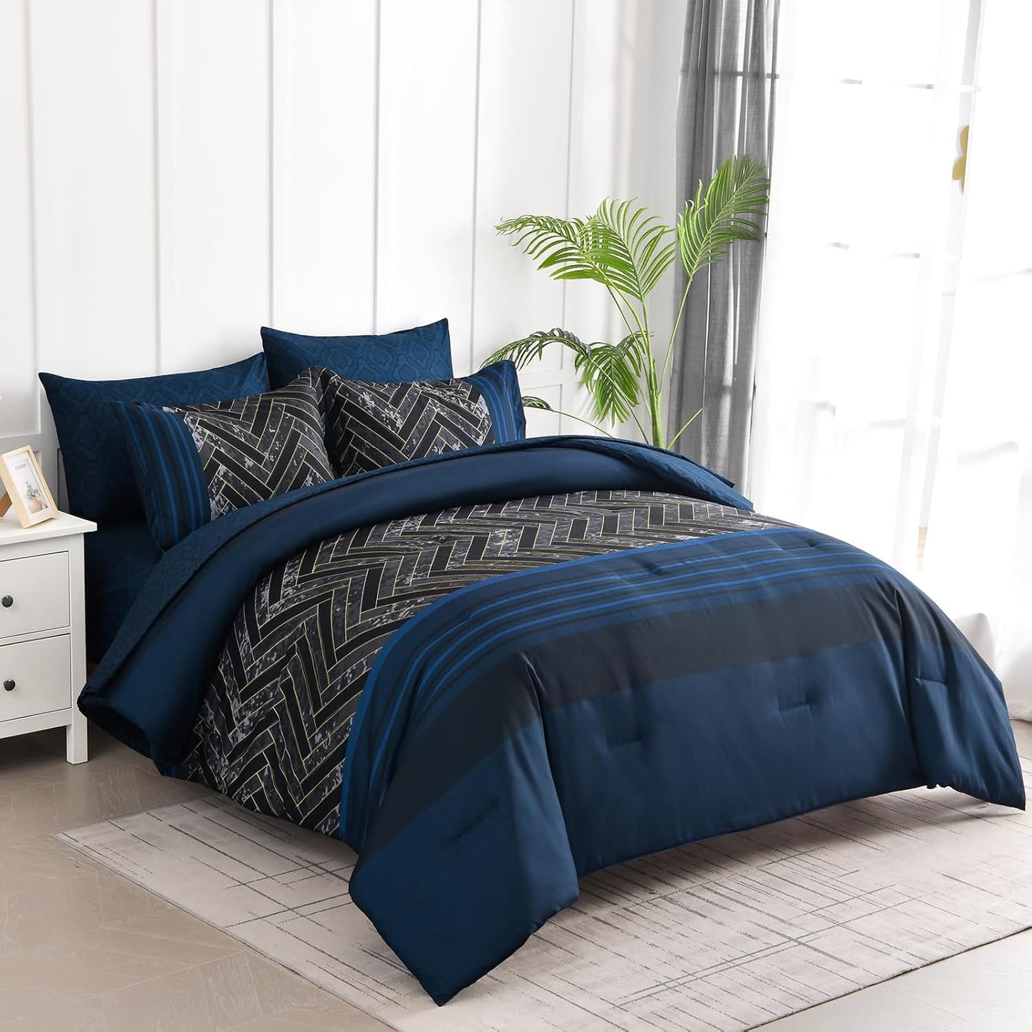 Luxudecor Navy Blue Comforter Set King Size, 7 Pieces Stripe Geometric Bed in a Bag, Soft Microfiber Navy Comforter and Sheet Set Complete Bedding Sets for All Seasons 104"×90"