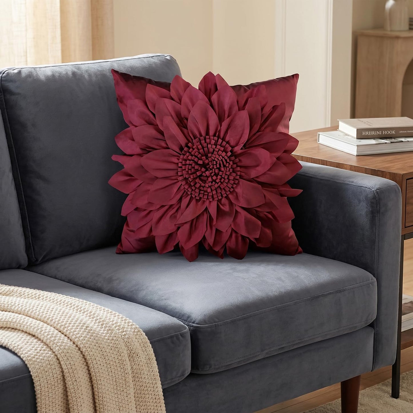 Bella's Giftshop 3D Sunflower Decorative Throw Pillow Covers for Bed Sofa Couch Car, Accent Floral Taffeta Cushion Cover, Handmade Pillow Cases Living Room Decor, 17x17 Inch-Burgundy