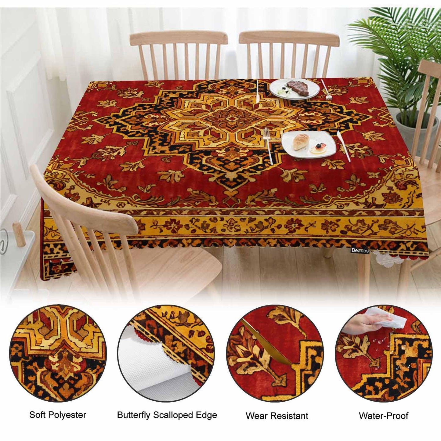 Beabes Rug Dinner Tablecloth Table Cover, Geometric Bohemian Style Carpet Rug 52x70 Inch Table Cloth Dust-Proof Table Cover Protector for Home Restaurant Picnic Camping BBQ Coffee, Red