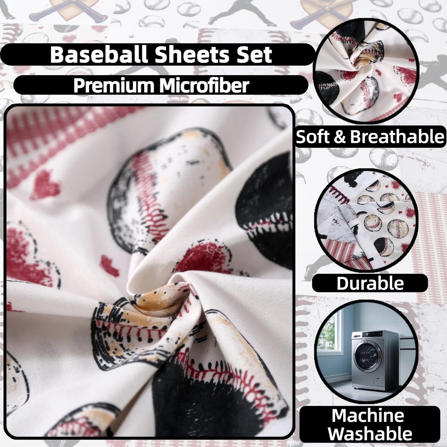 SDIII 4 Pieces Baseball Sheets Twin for Boys Girls Kids Teens, Soft Microfiber Deep Pocket Sport Themed Twin Sheets Set for All Season