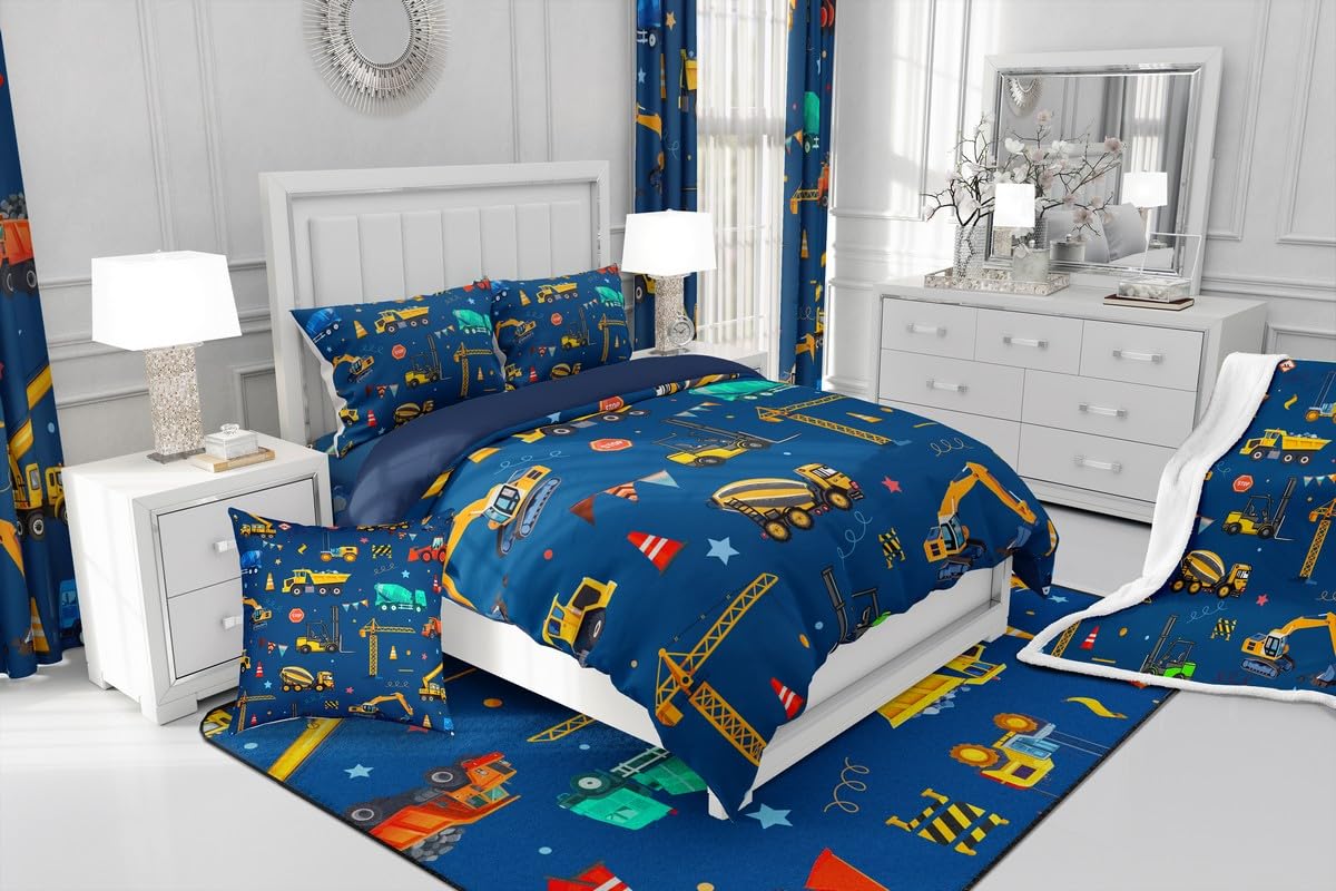 jejeloiu Cartoon Car Kids Comforter Set Twin Size Excavator Bedding Set Construction Duvet Quilt for Kids Boys Girls Bedroom Equipment Trucks Decor Microfiber Ultra Soft Breathable