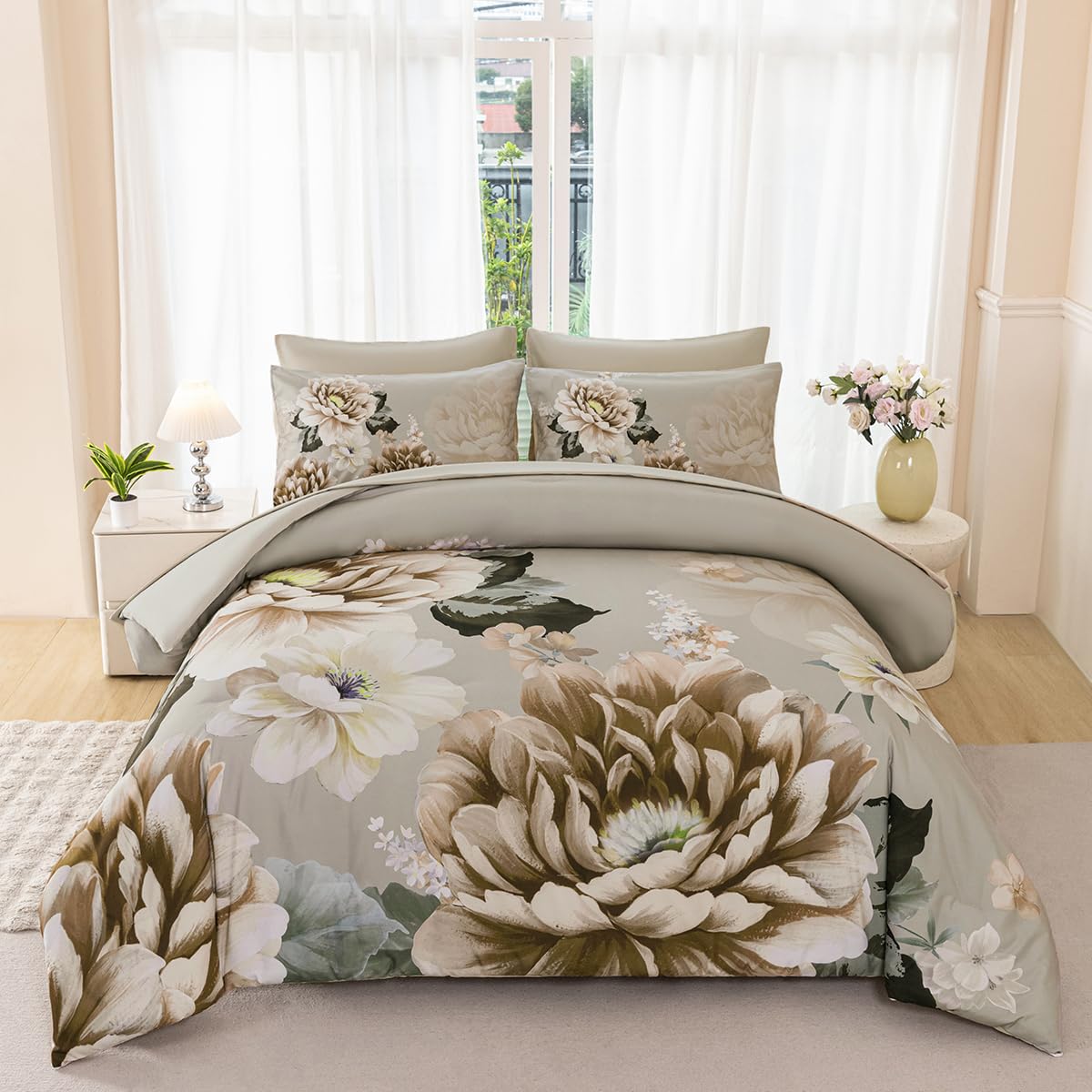 ZSYAYAHA Queen Bed Comforter Set Khaki Floral Bedding Sets Floral Bed Sets for Women Gorgeous 7 Pieces Bed in A Bag with Peony Pattern(Khaki, Queen)