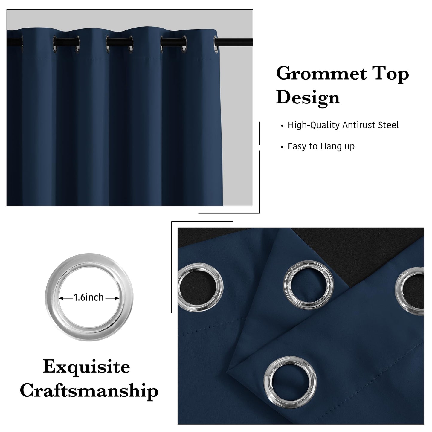 RYB HOME 100% Blackout Navy Blue Curtains for Living Room, Grommet Heat & UV Blocking Total Room Darkening Noise Reducing Curtains for Sunroom Nursery, 52 inches Wide by 84 inches Long