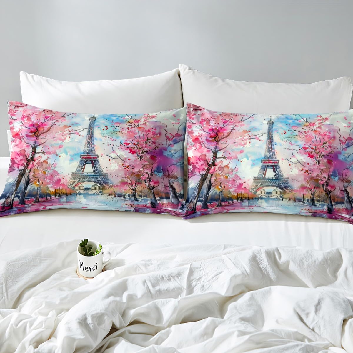 Paris Streets Fitted Sheet Full 3 Pcs,Modern Fashion Eiffel Tower Sheets Sets Breathable Bedding(No Top Sheet),Cherry Tree Ink Painting Bed Sheet with Deep Pocket,French Style Bed Cover