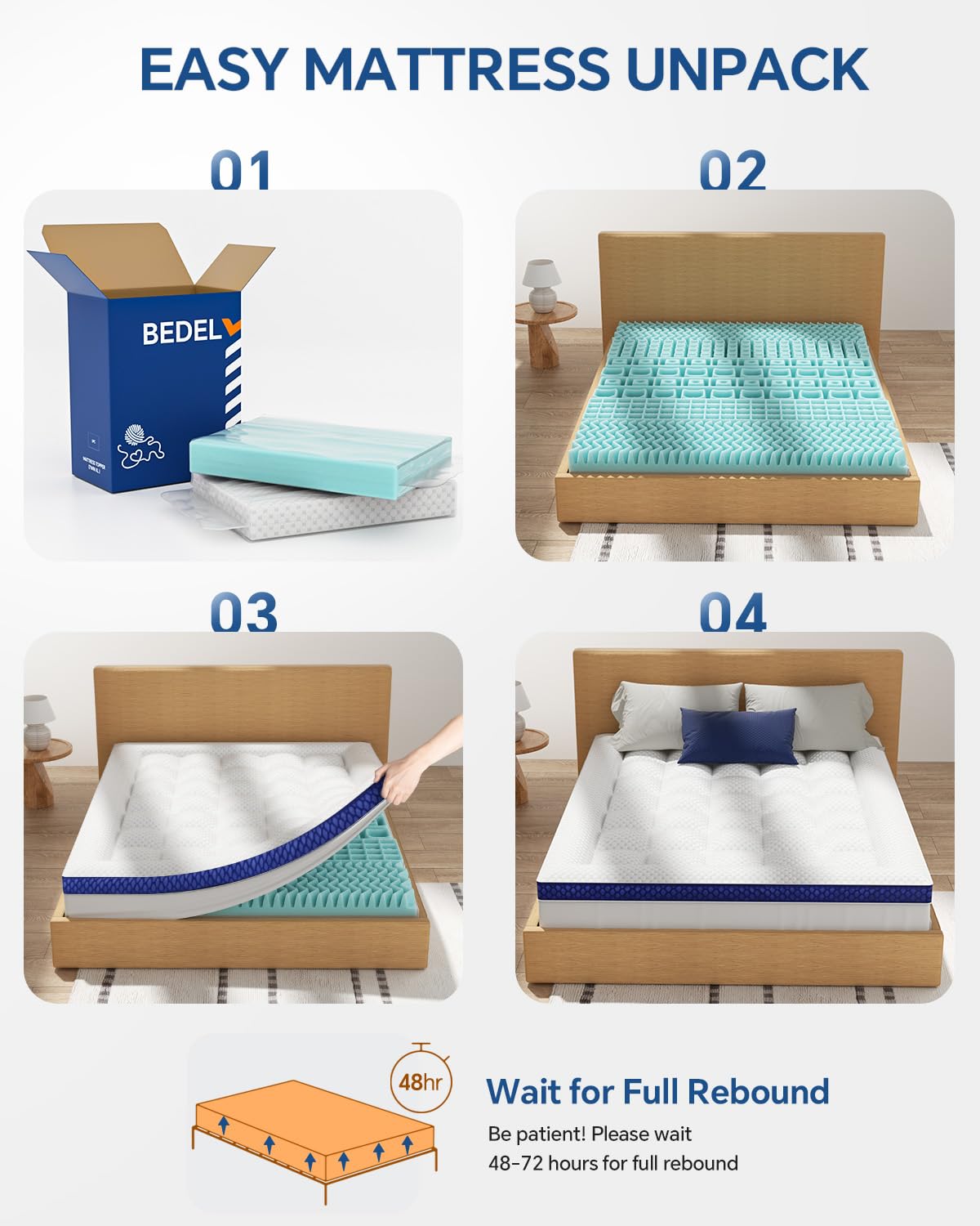 BEDELITE King Dual Layer 4 Inch Memory Foam Mattress Topper, 2 Inch Soft Pillow Top Mattress Pad Cover and 2 Inch Gel Memory Foam for Pressure Relief, 2-in-1 Design for Comfort & Support