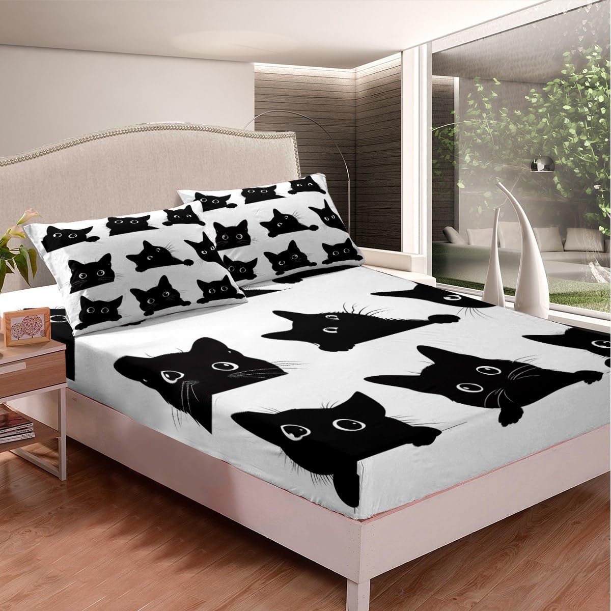 Feelyou Black Cat Bed Sheet Set for Kids Boys Girls Pet Cats Pattern Fitted Sheet Cute Kitten Print Bedding Set 3D Animal Theme Bed Cover Bedroom Decor 3Pcs Full Size White