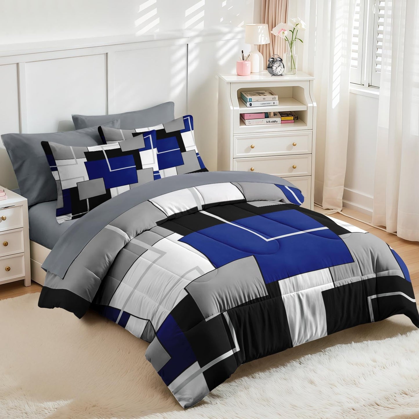 Nesker Comforter Set Queen Size, Blue Black Geometric 7 Pcs Bedding for Kids and Adults, Abstract Modern Grey Bed Sheet Sets with Fitted Sheet 2 Pillowcases & 2 Shams