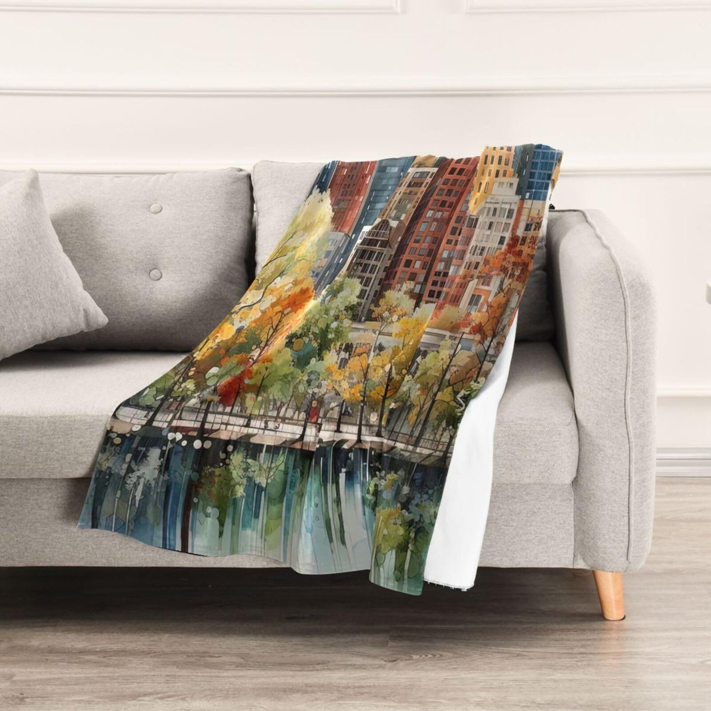 XYMZR City Skyline Watercolor Flannel Twin Blanket – 60” x 90”, Fashion Design, Ultra Soft, Lightweight, Washable Throw Blanket for Sofa, Bedroom, Dorm
