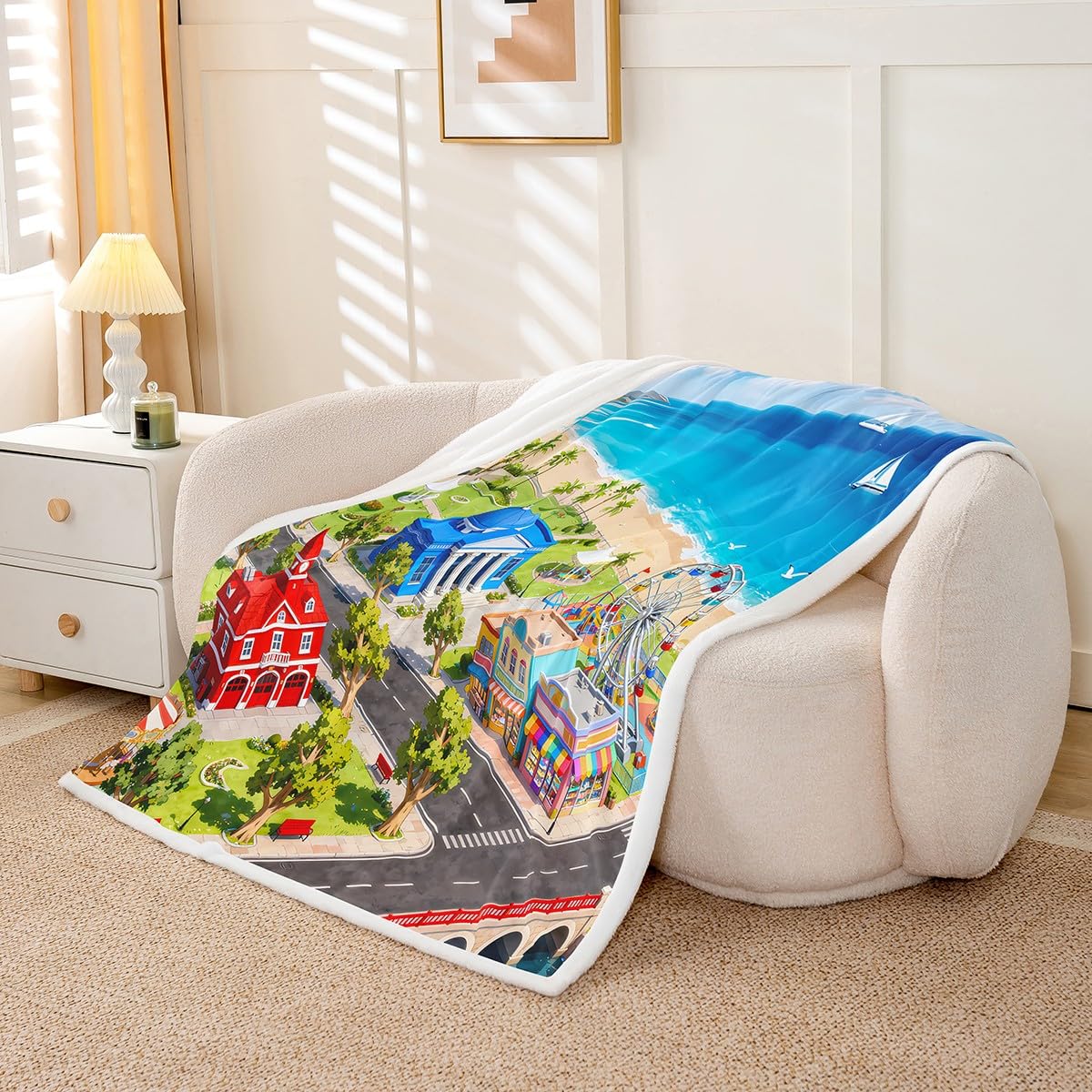 Erosebridal Kids Fleece Blanket City Life House Sherpa Blanket 50"x60" | 3D Cityscape Fun Educational Gift Urban Landscape Fuzzy Plush Throw