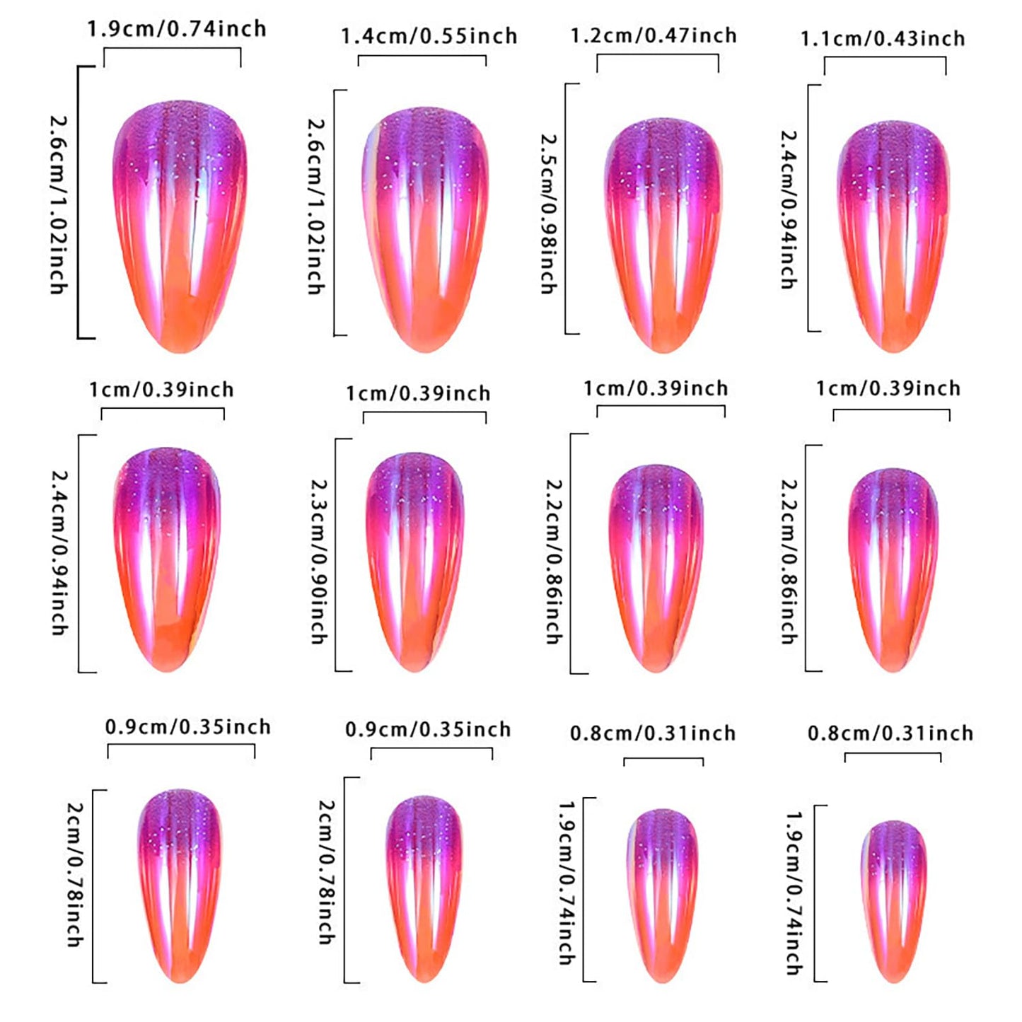 Almond Tip Press on Nails Medium Gradient Aurora False Nails Purple and Orange Design Full Cover Coffin Nails Artificial Stick on Nails Glossy Acrylic Nails Reusable Glue on Nails for Women 24Pcs