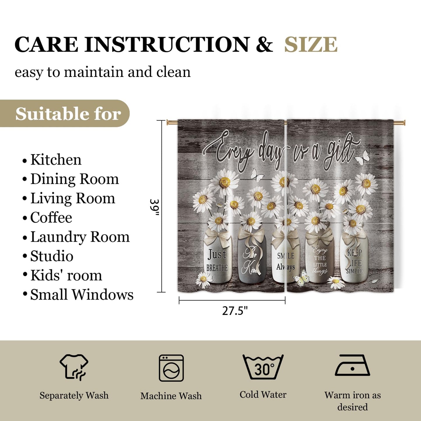 Cizuug Farmhouse Daisy Kitchen CurtainsRustic Vintage Flower Inspirational Small Short Cafe Window Curtains Wooden Country Quotes Bathroom Tier Window Treatment Drapes 2 Panels