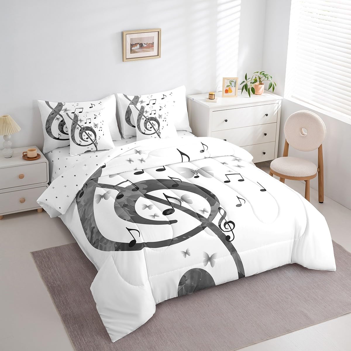Feelyou Music Comforter Set with Sheets Queen Size Guitar Bed in a Bag for Boys Girls Teens White 7 Pieces Bedding Set Soft Lightweight Microfiber