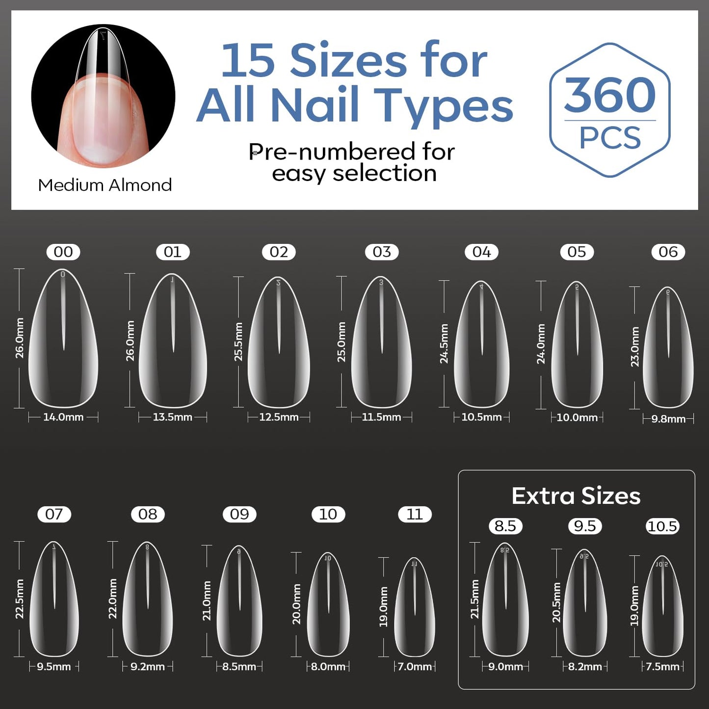 modelones Medium Almond Gel Nail Tips, 360pcs Pre-shaped Clear Fake Nails Press On Full Cover 15 Sizes Acrylic Gel Tips for Extension Salon