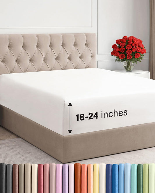 Extra Deep Queen Fitted Sheet - Hotel Luxury Single Fitted Sheet Only - Easily Fits 18 inch to 24 inch Mattress - Ultra Soft, Wrinkle Free with Extra Deep Pockets - Breathable & Comfy - Antique White