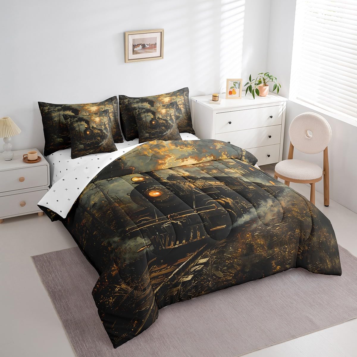 7 Pieces Twin Size Train Comforter Set,Retro Choochoo Steam Locomotive Train Bedding Set for Boys Girls,Gothic Bell Tower Castle (Comforter+Fitted+Flat Sheet+2 Pillowcases+2 Throw Pillow Covers)
