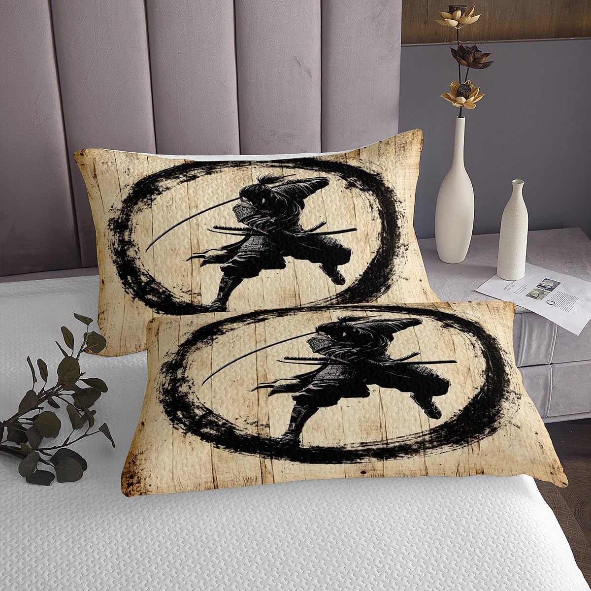 Homewish Japanese Swordsman Bedspread King Size,Retro Samurai Bedding Set 3Pcs for Kids Girls Boys Adult Room Decor,Black Ink Graffiti Quilt Comforter Rustic Brown Wooden Coverlet,2 Pillowcases