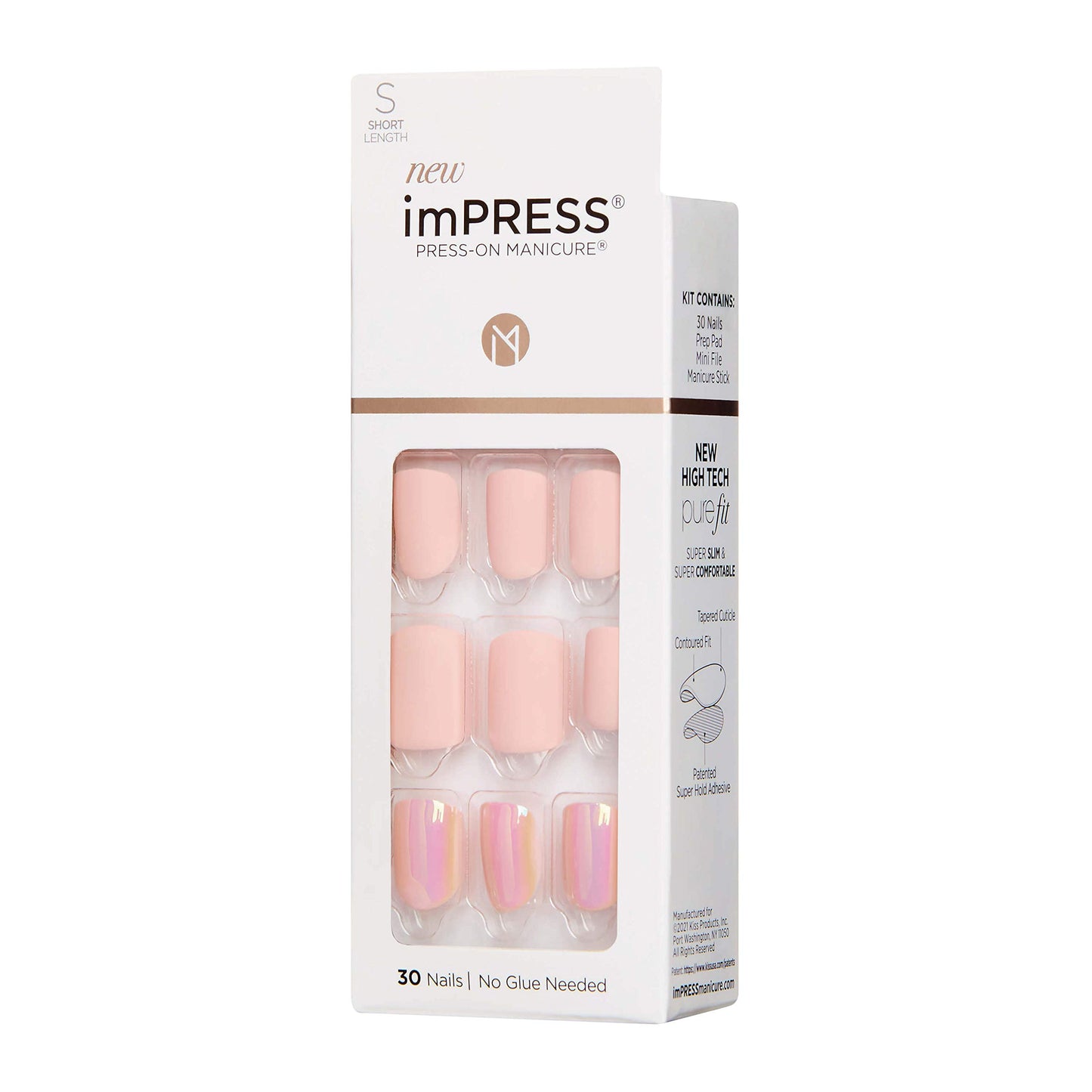 KISS imPRESS No Glue Mani Press On Nails, Design, 'Keep in Touch', Pink, Short Size, Squoval Shape, Includes 30 Nails, Prep Pad, Instructions Sheet, 1 Manicure Stick, 1 Mini File