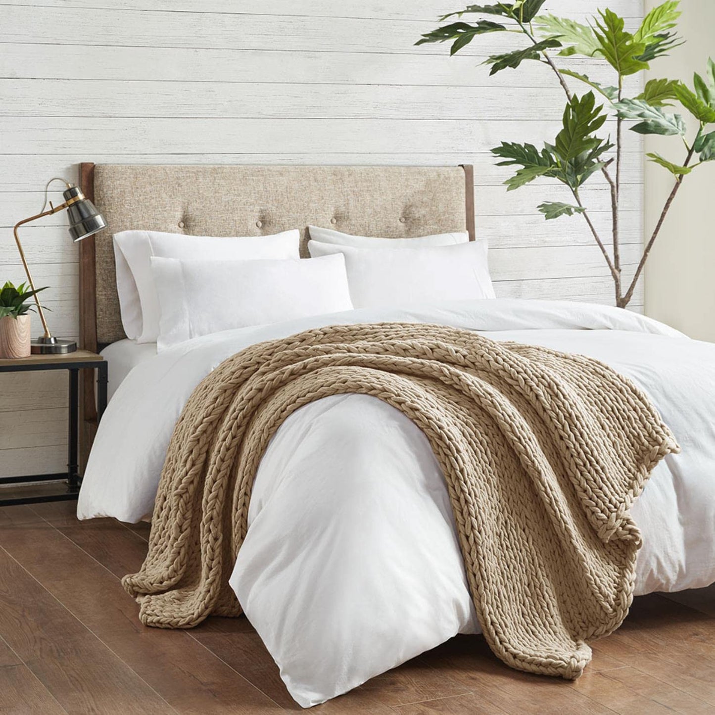 Madison Park Boho Throw Blanket, Soft Blanket Handmade Gift Home Decor, Lightweight & Breathable All Seasons Spring Chunky Knit Blanket, Knitted Throw for Couch, Bed Blanket, 50"x60" Tan