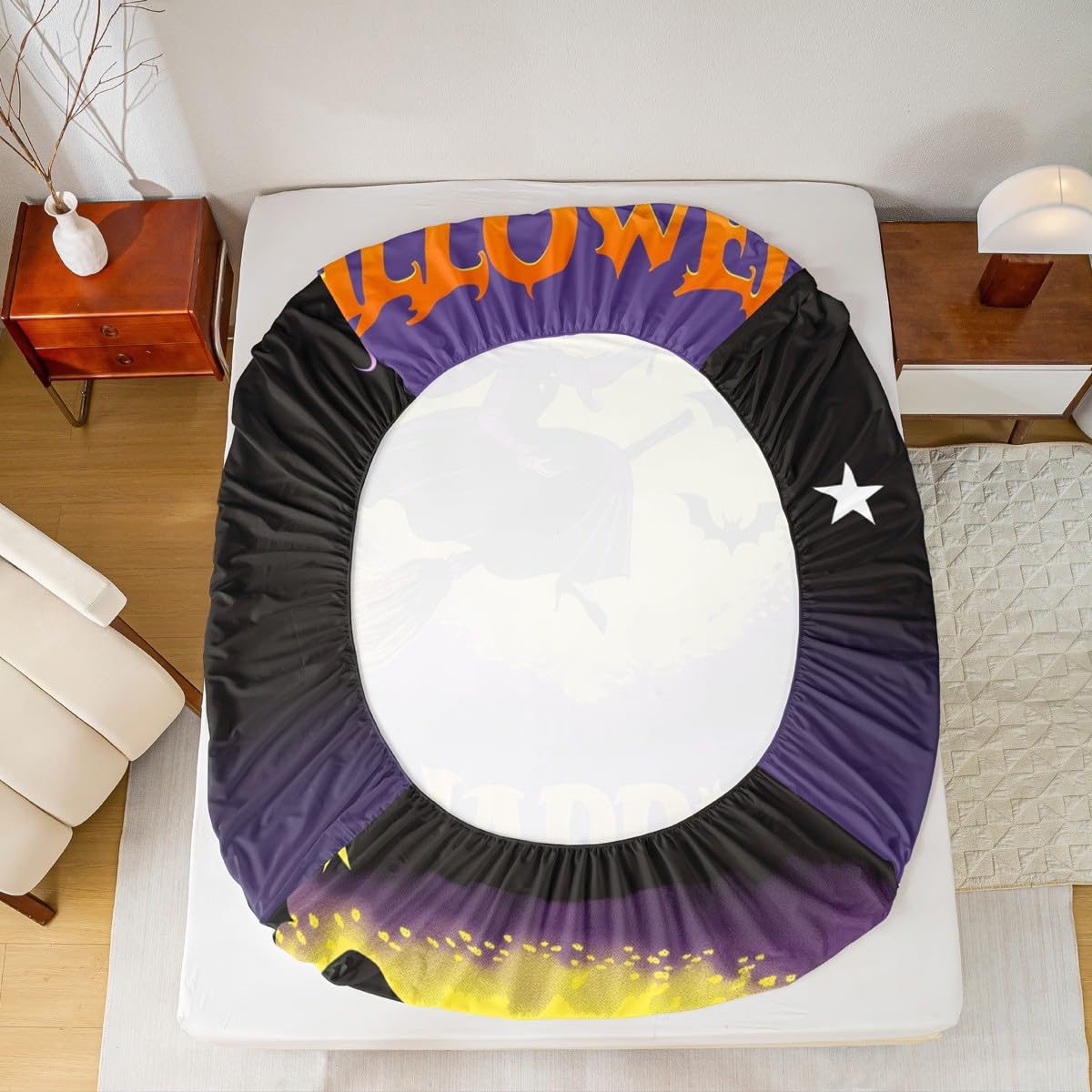 Feelyou Happy Halloween Fitted Sheet Full Size for Kids Boys Girls Magic Broom Bed Sheets Set 16" Deep Pocket Soft Breathable Microfiber Witch Bedding with 2 Pillowcases Halloween Decor Room Decor