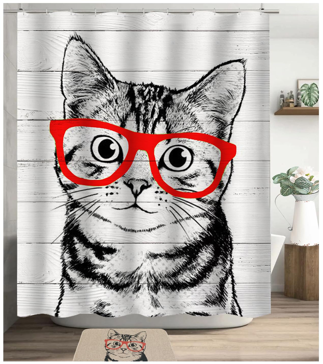 NYDECOR Black Cat Shower Curtain Funny Rustic Farmhouse Cute Pet Animal Kitty Shower Curtains for Bathroom Bathtub Bath Curtain Waterproof Polyester Fabric with 12 Plastic Hooks 72x72 Inches