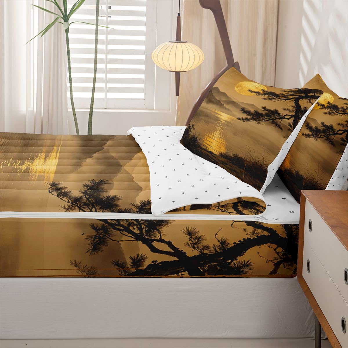 Feelyou Landscape Zipper Bedding for Kids Sunset Full Comforter Set with Fitted Sheet 2 Pillowcases Japanese Bed in a Bag Soft Lightweight Microfiber