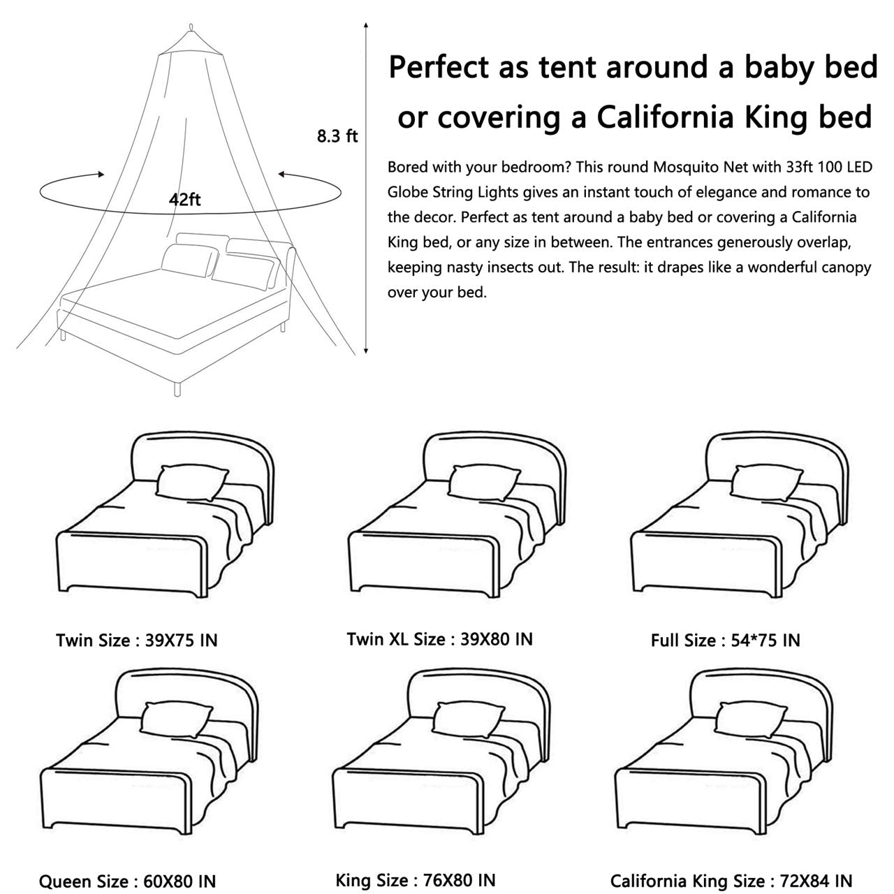 Comtelek Bed Canopy with Lights,Mosquito Net Bed Canopy for Girls Canopy Bed Curtains Full Queen Size from Ceiling,Dome Mosquito Netting Bed Tent Twin Girls Princess Canopy King Bed Decor