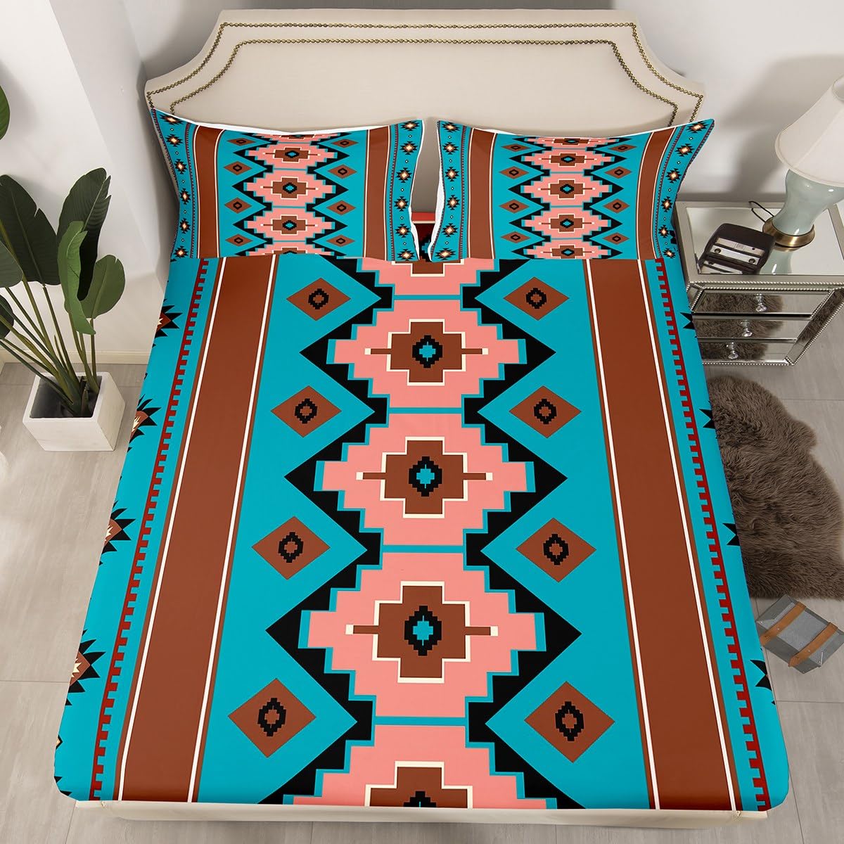 Feelyou Boho Aztec Bed Sheets Set King Size West Deep Pocket Fitted Sheet Teel Brown Bedding Sets Western Soft Bed Set 4Pcs with 2 Pillow Cases
