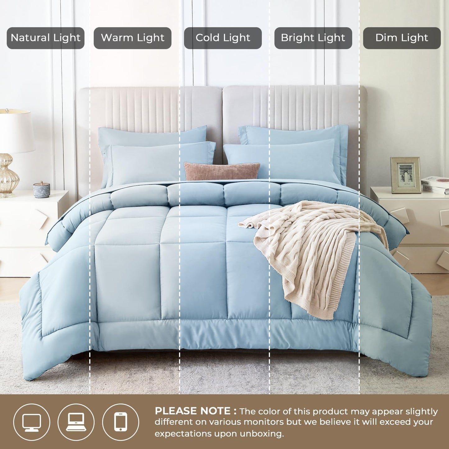 Sasttie Queen Comforter Set, 7 Pieces Bed in a Bag Queen, Complete Bedding Set Includes Comforter, Flat Sheet, Fitted Sheet, Pillowcases and Pillow Shams, Greyish Blue