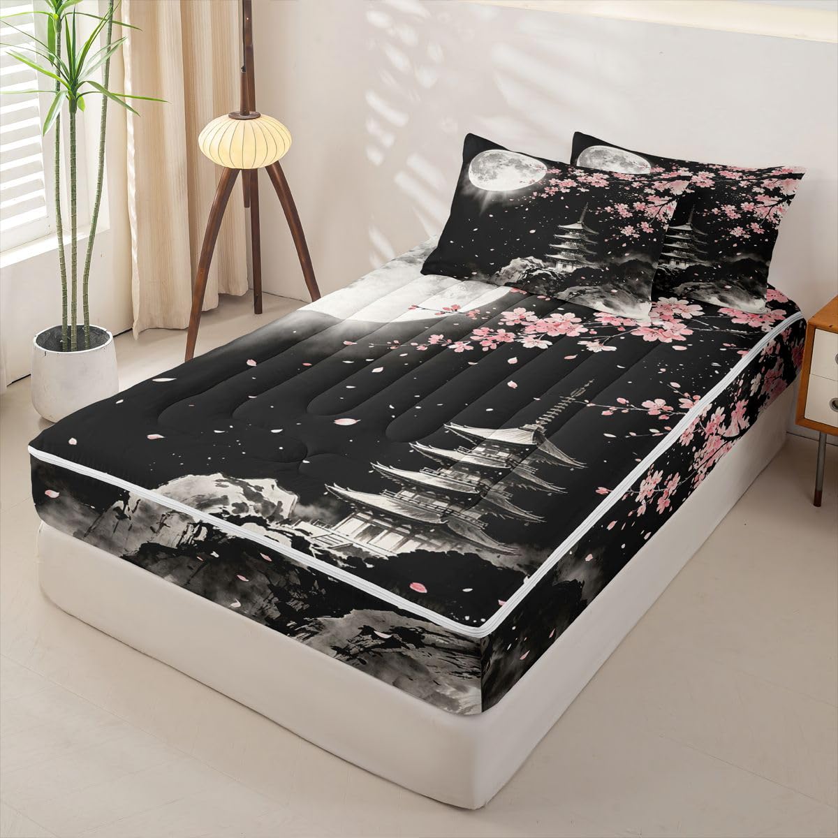 Feelyou Cherry Blossom Zipper Bedding for Kids Full Size Japanese Anime Bed in a Bag with Sheets, Comforter, Pillowcases Flower Floral Comforter Set for Boys Girls Bedding Sets Durable