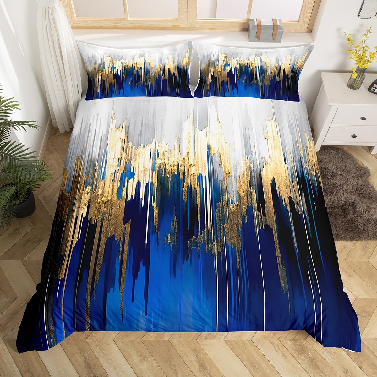 Erosebridal Abstract Art Comforter Cover Navy Gold Grey Bed Set, Stripe Duvet Cover Queen Size Golden Metallic Sequins Bedding Sets, Dark Blue Tie Dye Bedspread Cover Luxurious Modern Bedroom Decor
