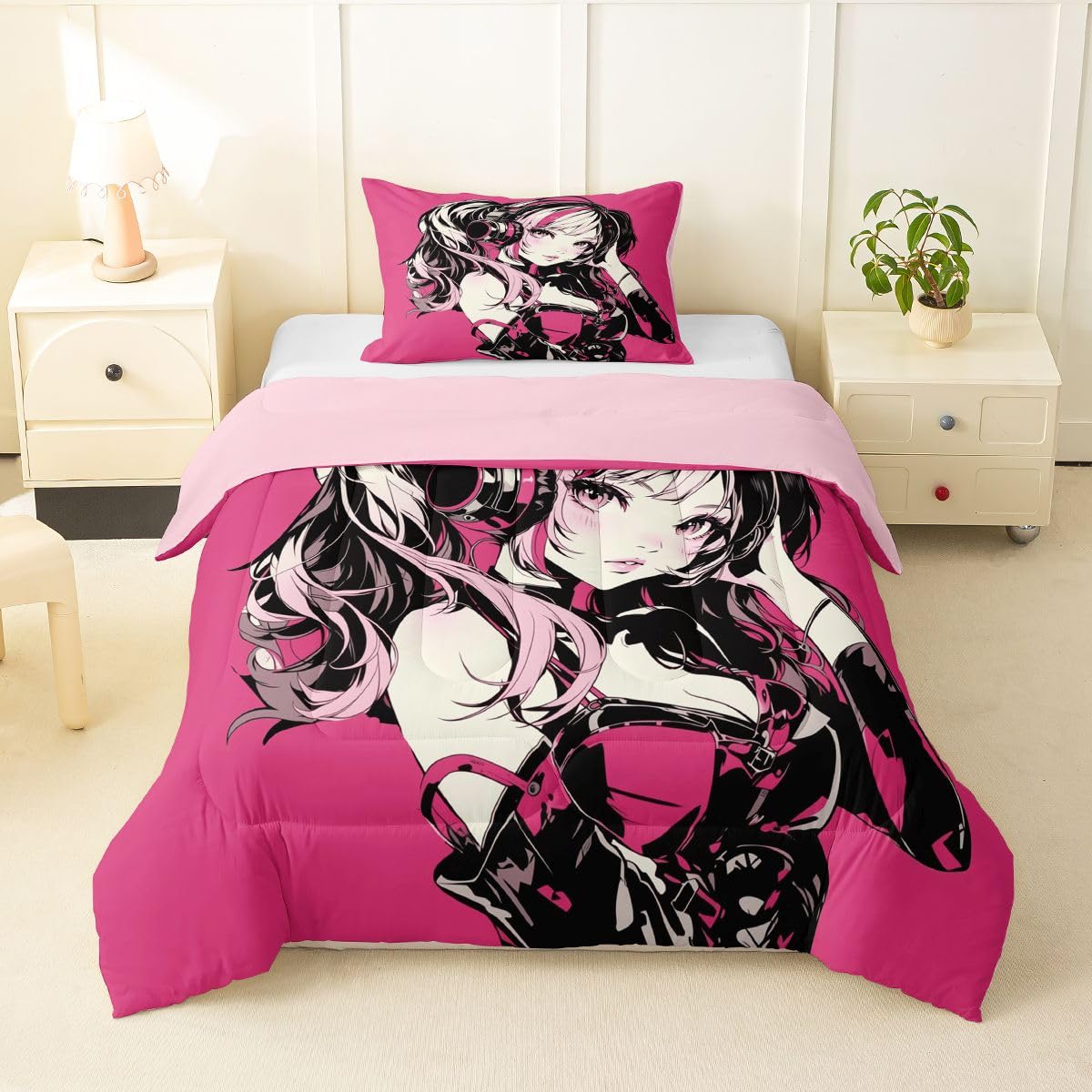 Erosebridal Pink Anime Girls Bedding Cartoon Japanes-Style Comforter Set Twin, Graffiti Street Culture Bed Comforter Set for Kids Teens Youth Watercolor Hippie Style Duvet Set 2Pcs