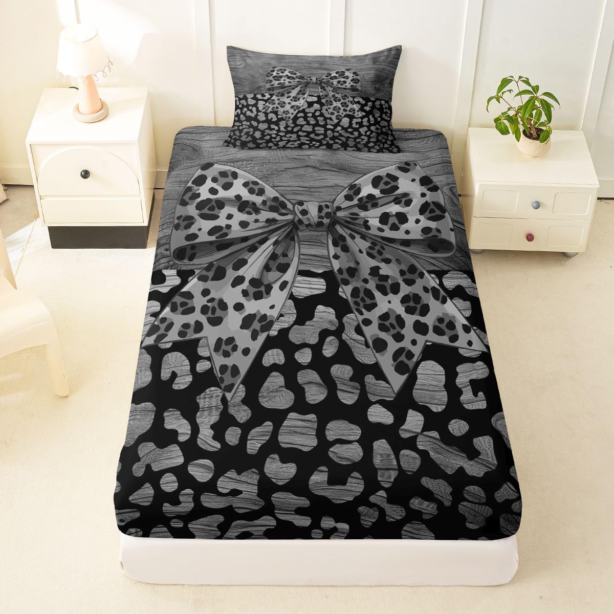 jejeloiu Black Leopard Bow Fitted Sheet with 1 Pillowcase Twin Size Leopard Print Bowknot Bed Sheets Set 16" Deep Pocket Boys Girls Abstract Bedding Teens Bedroom Decor Breathable