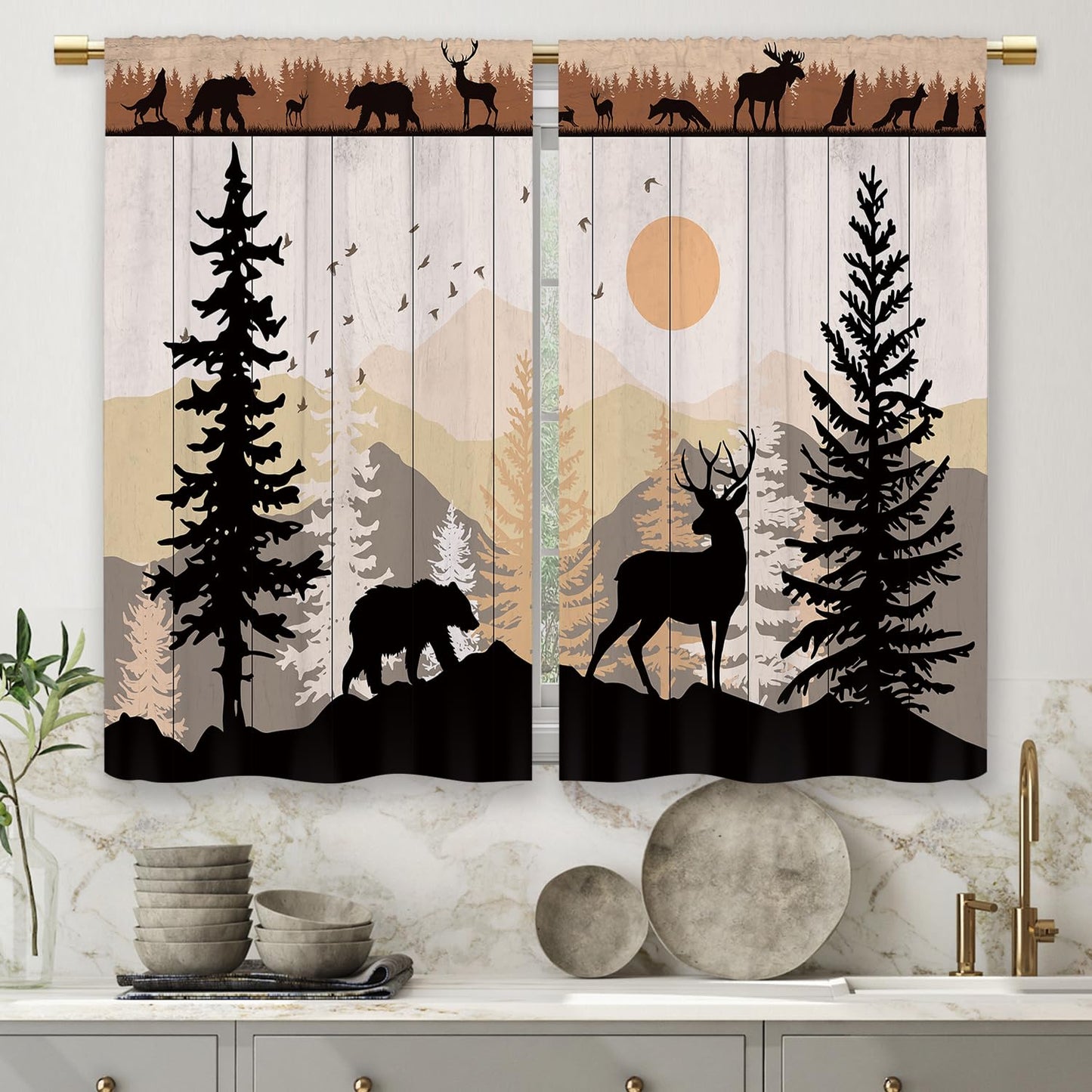 Laifzere Farmhouse Forest Cabin Kitchen Curtains Rustic Wooden Small Short Cafe Window Curtains Tree Country Deer Bear Rod Pocket Bathroom Window Drapes Treatment Tier Curtains 2 Panels (27.5x39 Inch)