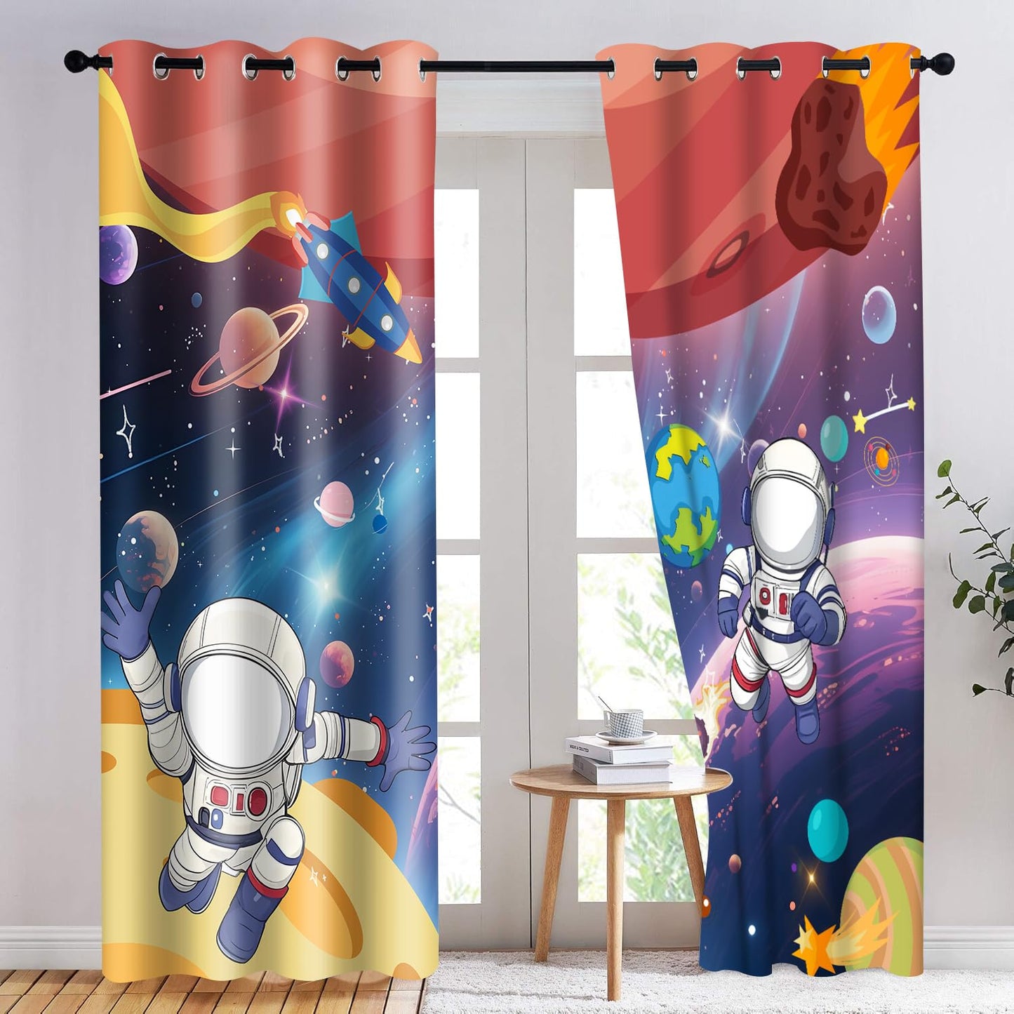 HIYSMT Astronaut Outer Space Curtains for Kids Bedroom,4284inch Universe Planet Cosmic Rocket Meteorite Fall Blackout Curtain,Cartoon Fantasy Starry Sky Drapes for Nursery Child Room 2Panel HI01DX